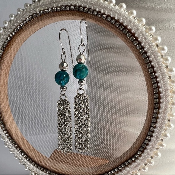 CYAN Blue Turquoise Beaded Chain Long Earrings - Picture 1 of 12
